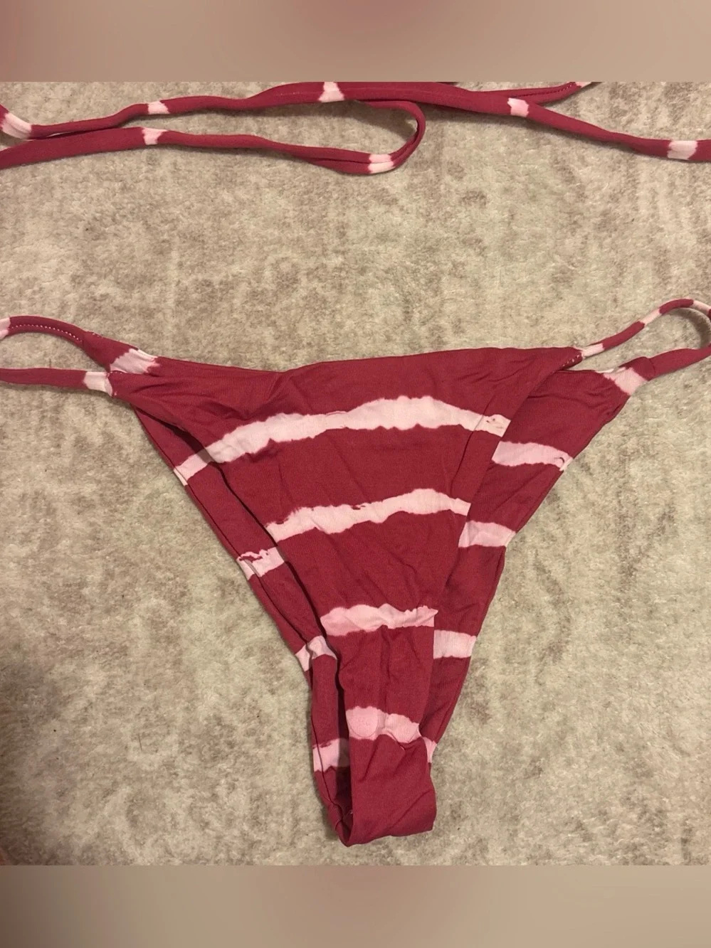Frankie’s Bikinis Off-Shoulder Maroon Tie-Dye Swim Top and Bottom Bikini Set